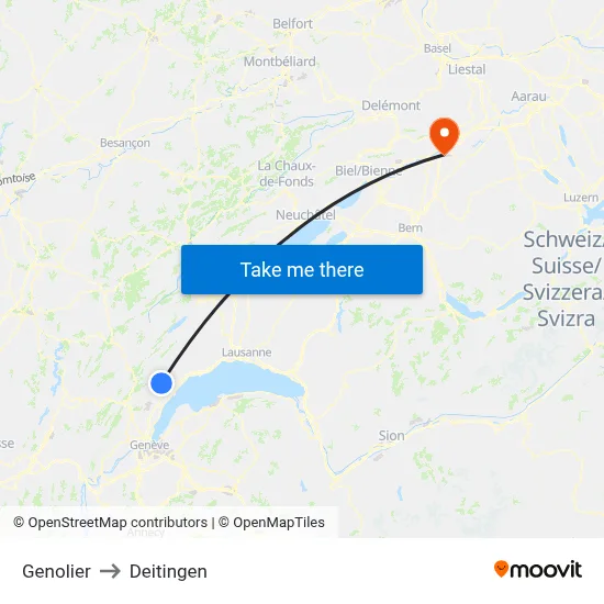 Genolier to Deitingen map