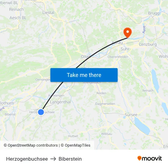 Herzogenbuchsee to Biberstein map