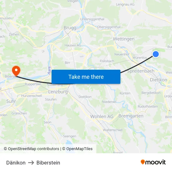 Dänikon to Biberstein map