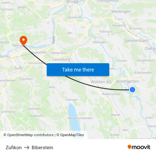 Zufikon to Biberstein map