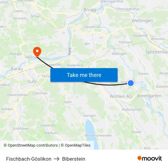 Fischbach-Göslikon to Biberstein map