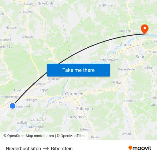 Niederbuchsiten to Biberstein map