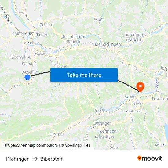 Pfeffingen to Biberstein map