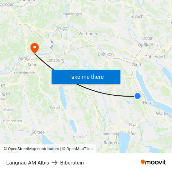 Langnau AM Albis to Biberstein map