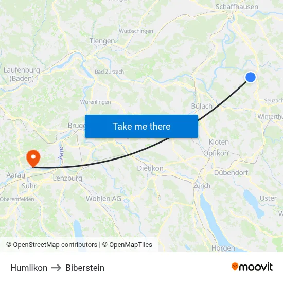 Humlikon to Biberstein map