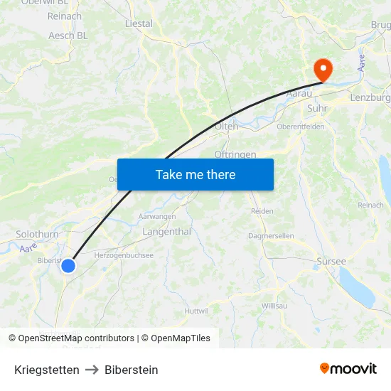 Kriegstetten to Biberstein map