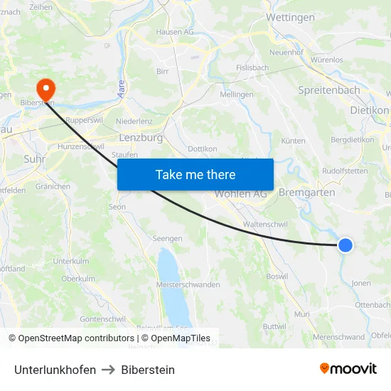 Unterlunkhofen to Biberstein map