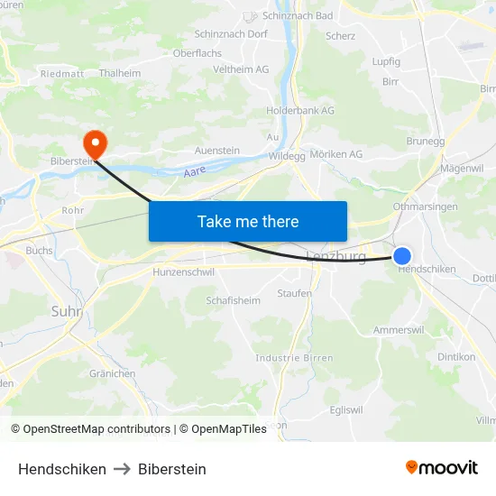 Hendschiken to Biberstein map