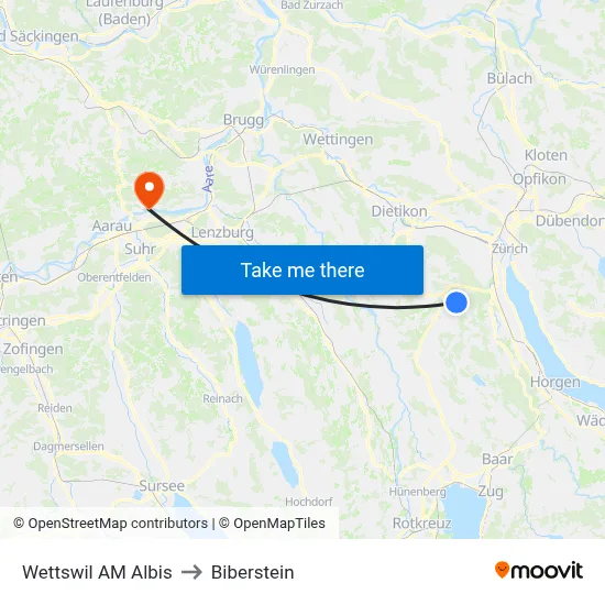 Wettswil AM Albis to Biberstein map