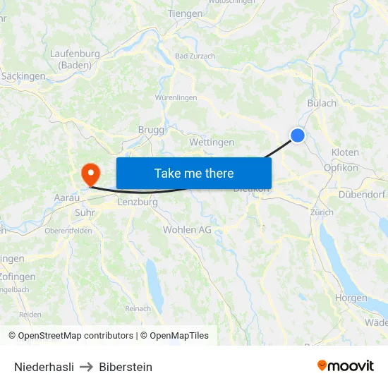 Niederhasli to Biberstein map