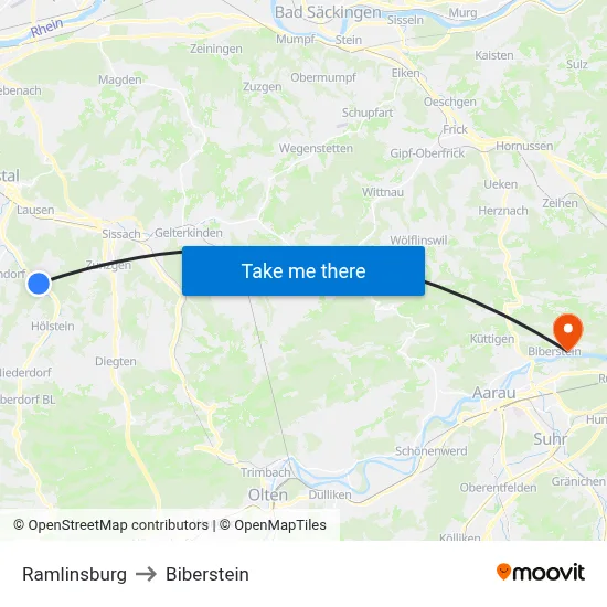 Ramlinsburg to Biberstein map