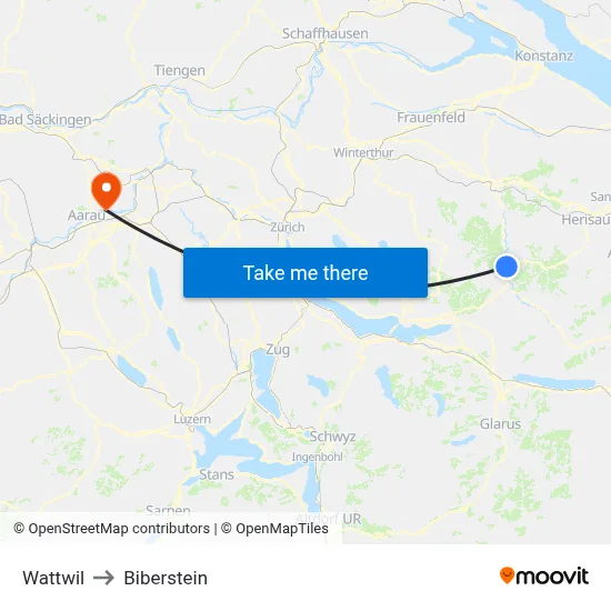 Wattwil to Biberstein map