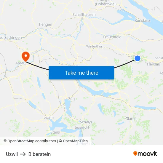 Uzwil to Biberstein map
