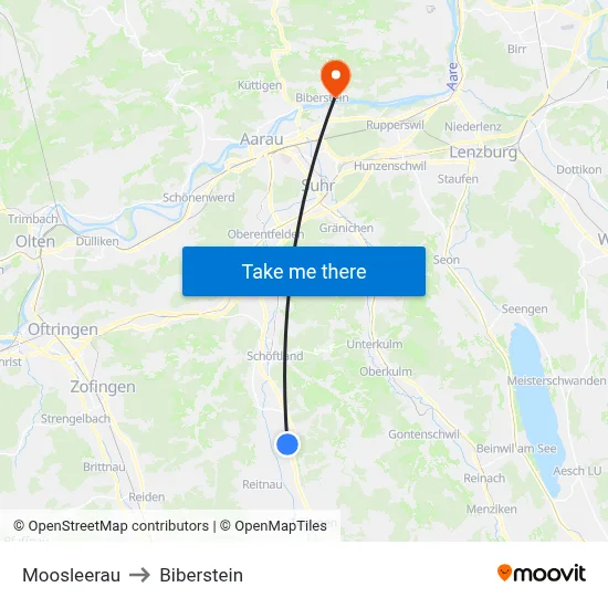 Moosleerau to Biberstein map