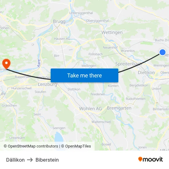Dällikon to Biberstein map