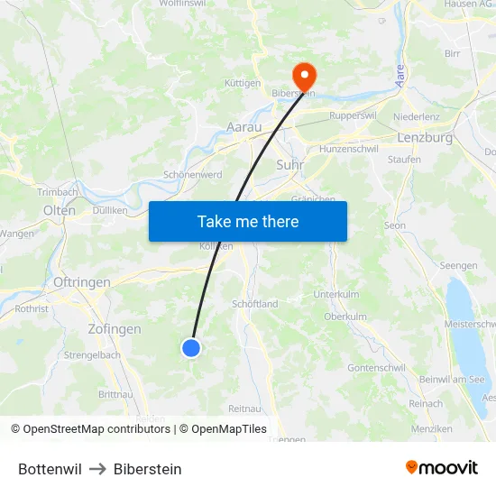 Bottenwil to Biberstein map