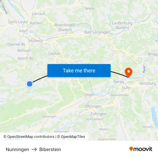 Nunningen to Biberstein map