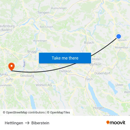 Hettlingen to Biberstein map