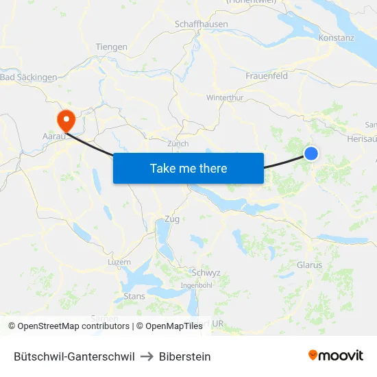 Bütschwil-Ganterschwil to Biberstein map