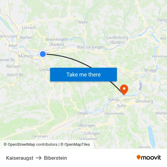 Kaiseraugst to Biberstein map