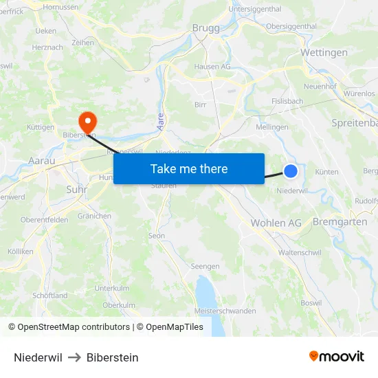 Niederwil to Biberstein map
