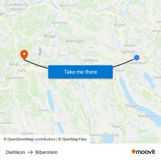 Dietlikon to Biberstein map