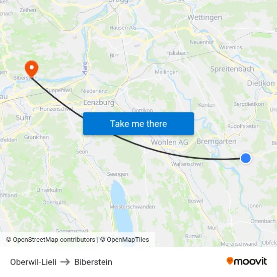 Oberwil-Lieli to Biberstein map