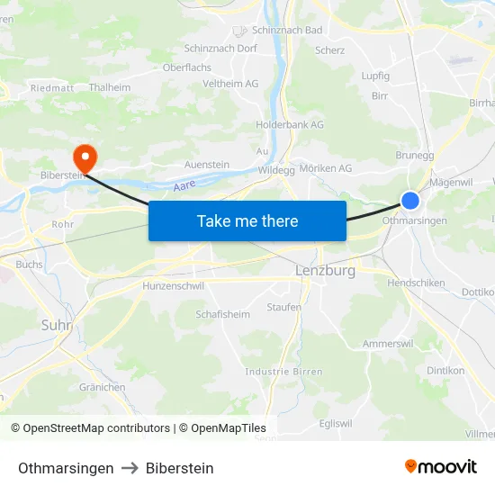 Othmarsingen to Biberstein map