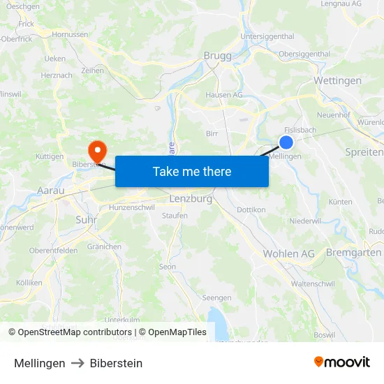 Mellingen to Biberstein map