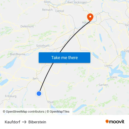 Kaufdorf to Biberstein map