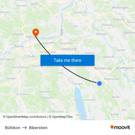Büttikon to Biberstein map
