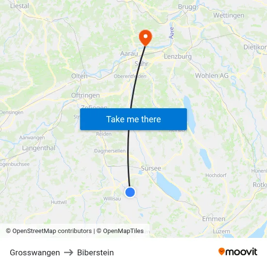 Grosswangen to Biberstein map