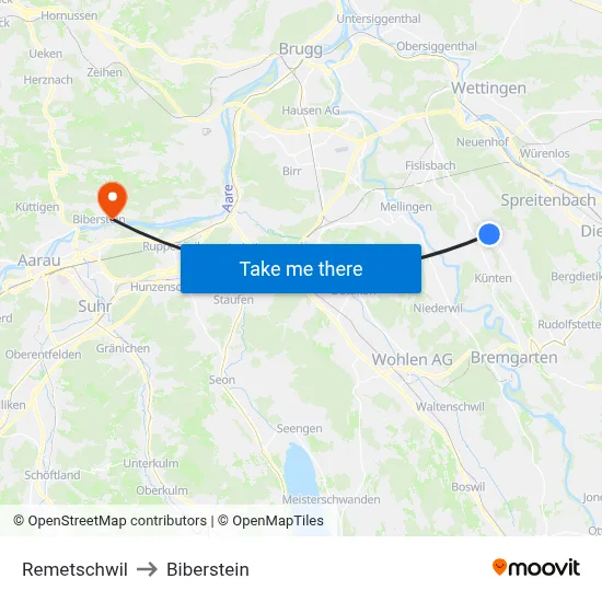 Remetschwil to Biberstein map