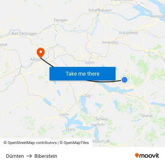 Dürnten to Biberstein map