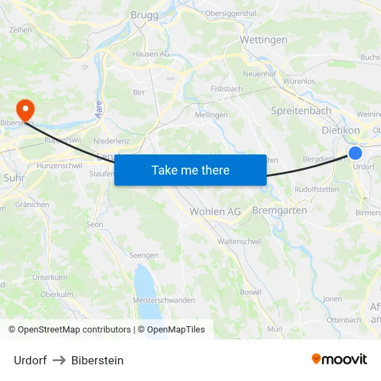 Urdorf to Biberstein map