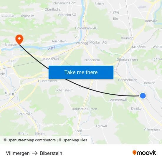 Villmergen to Biberstein map
