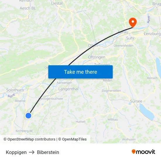 Koppigen to Biberstein map