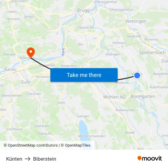 Künten to Biberstein map
