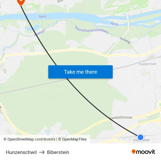Hunzenschwil to Biberstein map