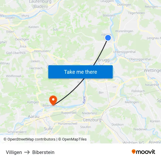 Villigen to Biberstein map