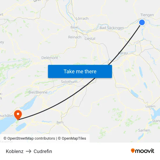 Koblenz to Cudrefin map