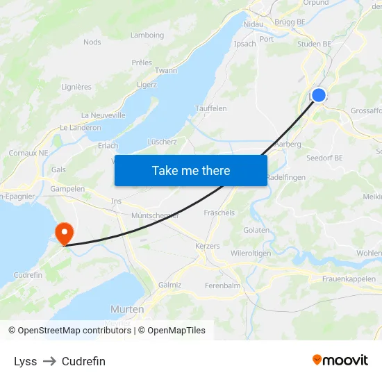 Lyss to Cudrefin map