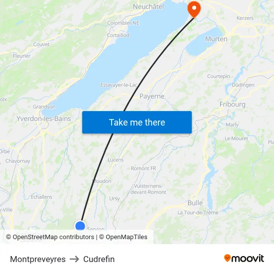 Montpreveyres to Cudrefin map