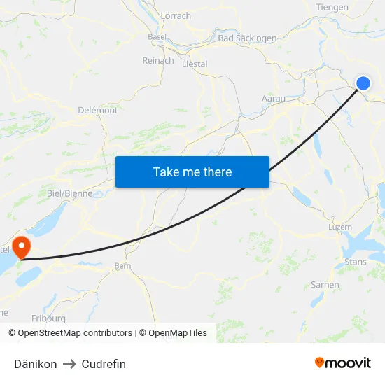 Dänikon to Cudrefin map