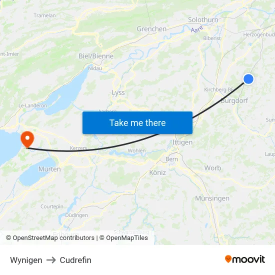 Wynigen to Cudrefin map