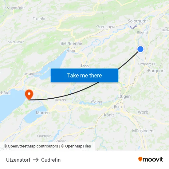 Utzenstorf to Cudrefin map
