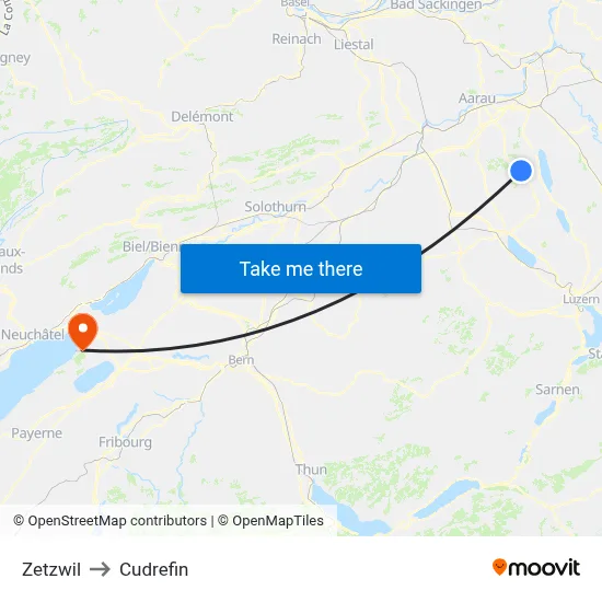 Zetzwil to Cudrefin map