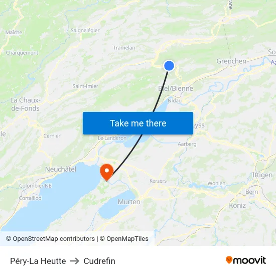 Péry-La Heutte to Cudrefin map