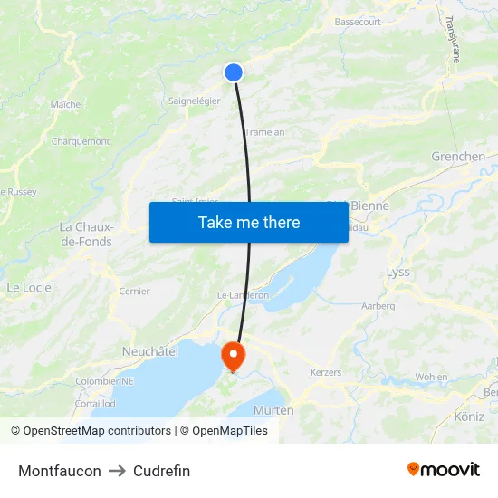 Montfaucon to Cudrefin map