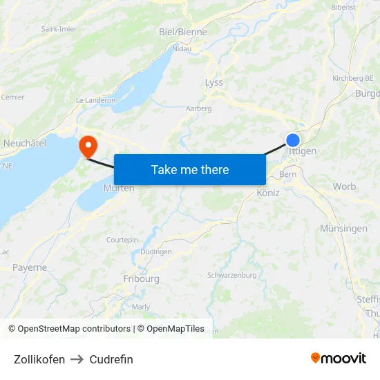 Zollikofen to Cudrefin map